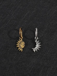 Men Sun & Moon Mismatched Drop Earrings - Multicolor - View 2