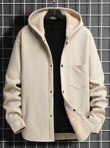 Manfinity Homme Áo khoác trùm đầu lót gấu bông có túi vá cho nam, áo khoác nỉ dài tay ấm áp thường ngày, quà tặng cho bạn bè, chồng, bạn trai, mùa thu/đông - Màu be - Xem 1