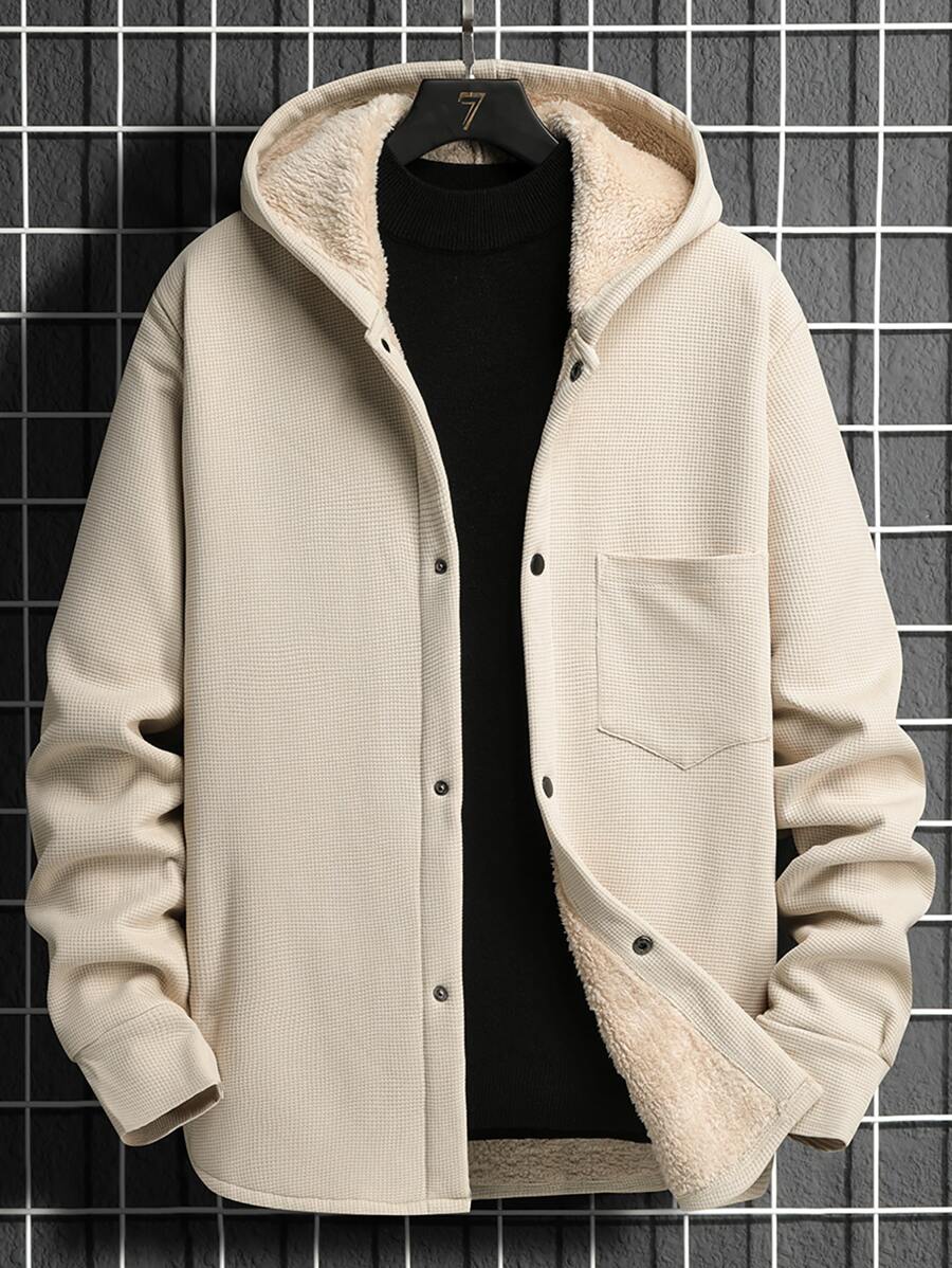 Manfinity Homme Áo khoác trùm đầu lót gấu bông có túi vá cho nam, áo khoác nỉ dài tay ấm áp thường ngày, quà tặng cho bạn bè, chồng, bạn trai, mùa thu/đông - Màu be - Xem 1