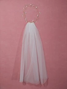 花朵与人造珍珠装饰新娘面纱女士秋季服装 - 金色 - 查看 3