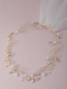 花朵与人造珍珠装饰新娘面纱女士秋季服装 - 金色 - 查看 2