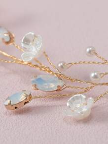 花朵与人造珍珠装饰新娘面纱女士秋季服装 - 金色 - 查看 4