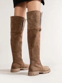 黑色优雅扣饰女士时尚靴子，侧面拉链开合，粗跟，完美搭配开衫/毛衣，经典设计 - 棕色 - 查看 2