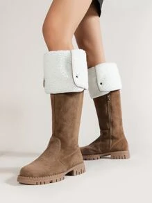 黑色优雅扣饰女士时尚靴子，侧面拉链开合，粗跟，完美搭配开衫/毛衣，经典设计 - 棕色 - 查看 3