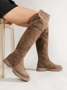 黑色优雅扣饰女士时尚靴子，侧面拉链开合，粗跟，完美搭配开衫/毛衣，经典设计 - 棕色 - 查看 4