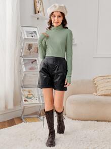 SHEIN Teen Girls Thumb Hole High Neck Solid Tee - Mint Green - View 3