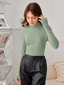 SHEIN Teen Girls Thumb Hole High Neck Solid Tee - Mint Green - View 4