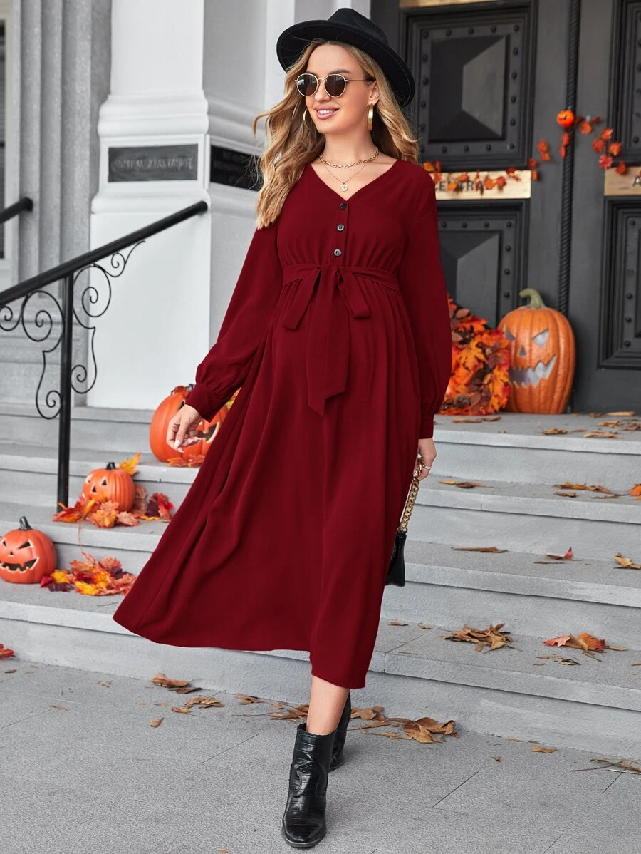 SHEIN 孕婦燈籠袖自綁腰帶洋裝