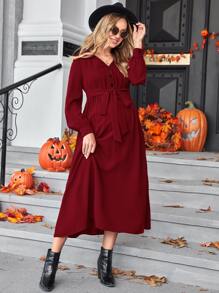 SHEIN 孕婦燈籠袖自綁腰帶洋裝