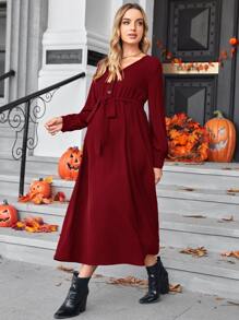 SHEIN 孕婦燈籠袖自綁腰帶洋裝