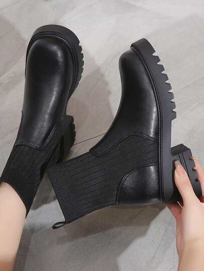 Fall/Winter Women Round Toe Short Boots, Fashionable Knit Elastic Patchwork Ankle Boots, British Style Skinny Booties