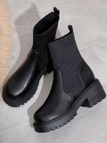 Fall/Winter Women Round Toe Short Boots, Fashionable Knit Elastic Patchwork Ankle Boots, British Style Skinny Booties - Black - View 4