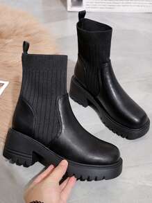 Fall/Winter Women Round Toe Short Boots, Fashionable Knit Elastic Patchwork Ankle Boots, British Style Skinny Booties - Black - View 5