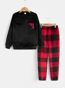 SHEIN 2pcs Casual Plaid Outfit For Tween Boys, Including Loose Fit Round Neck Sweatshirt With Pocket And Plaid Pants, Soft And Comfortable Knitwear Set For Home And Daily Wear - Multicolor - View 1