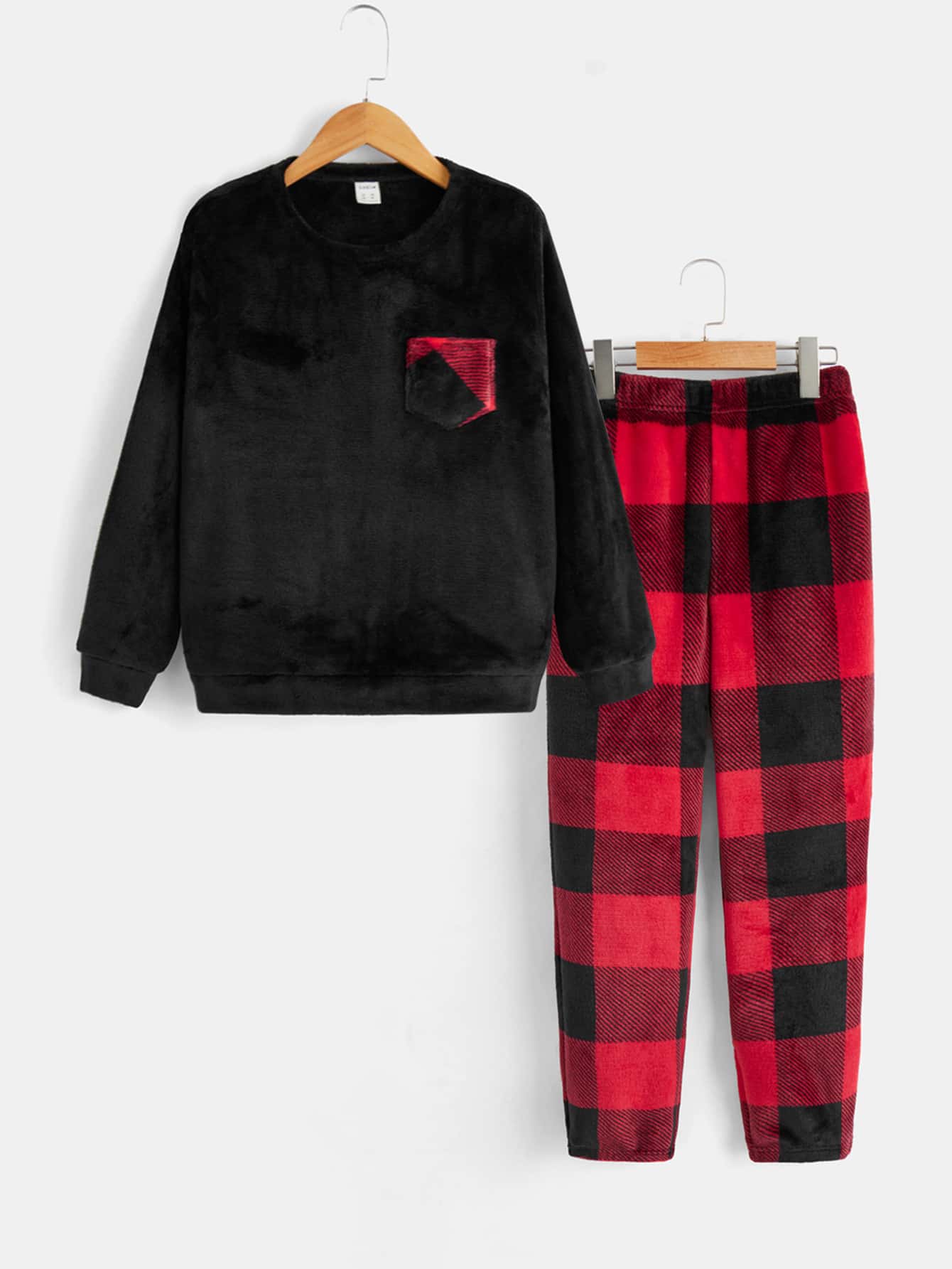 SHEIN 2pcs Casual Plaid Outfit For Tween Boys, Including Loose Fit Round Neck Sweatshirt With Pocket And Plaid Pants, Soft And Comfortable Knitwear Set For Home And Daily Wear - Multicolor - View 1