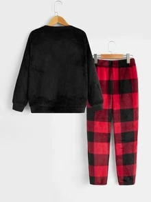 SHEIN 2pcs Casual Plaid Outfit For Tween Boys, Including Loose Fit Round Neck Sweatshirt With Pocket And Plaid Pants, Soft And Comfortable Knitwear Set For Home And Daily Wear - Multicolor - View 2