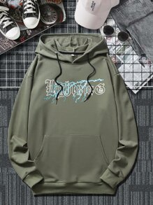 ROMWE MEN 男士字母圖案連帽衫 - 軍綠色 - 查看 2