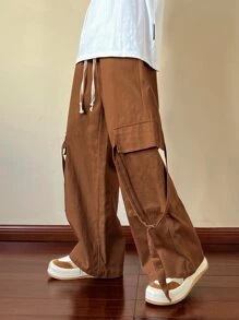 ROMWE MEN Hombres Pantalones cargo de cintura con cordón con bolsillo con solapa - Marrón - Ver 1