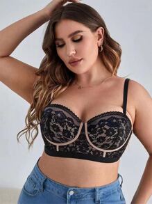 Plus Floral Lace Underwire Bra - Black - View 1