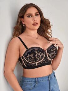Plus Floral Lace Underwire Bra - Black - View 3
