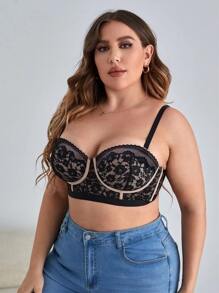 Plus Floral Lace Underwire Bra - Black - View 4