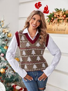 Chaleco de punto con patrón de Navidad sin camisa - Marrón - Ver 6