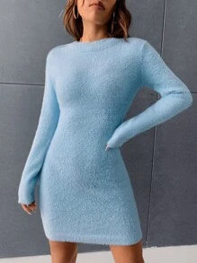 SHEIN MOD Ladies áo len váy màu trơn Thanh lịch - Màu xanh nhạt - Xem 3
