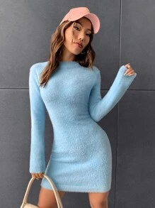 SHEIN MOD Ladies áo len váy màu trơn Thanh lịch - Màu xanh nhạt - Xem 4