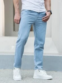 Men Cotton Slant Pocket Straight Leg Jeans - Light Wash - View 5
