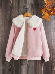 SHEIN 女孩拼接毛茸茸翻領愛心刺繡毛絨內襯夾克 - 淺粉色 - 查看 1