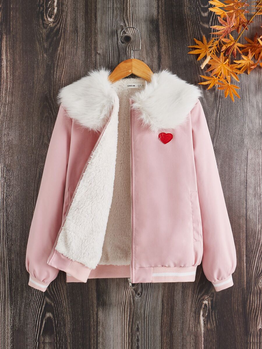 SHEIN 女孩拼接毛茸茸翻領愛心刺繡毛絨內襯夾克 - 淺粉色 - 查看 1