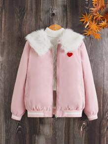 SHEIN 女孩拼接毛茸茸翻領愛心刺繡毛絨內襯夾克 - 淺粉色 - 查看 3