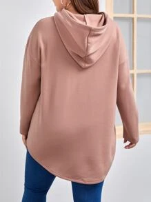 SHEIN LUNE Plus Size Kangaroo Pocket Drop Shoulder Drawstring Sweatshirt - Dusty Pink - View 2
