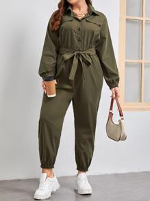 SHEIN LUNE Plus Flap Detail Belted Shirt Jumpsuit - Army Green - View 1
