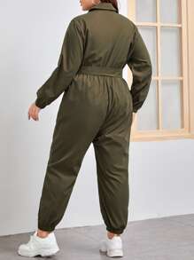 SHEIN LUNE Plus Flap Detail Belted Shirt Jumpsuit - Army Green - View 2