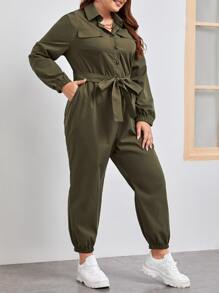 SHEIN LUNE Plus Flap Detail Belted Shirt Jumpsuit - Army Green - View 4