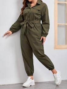 SHEIN LUNE Plus Flap Detail Belted Shirt Jumpsuit - Army Green - View 5