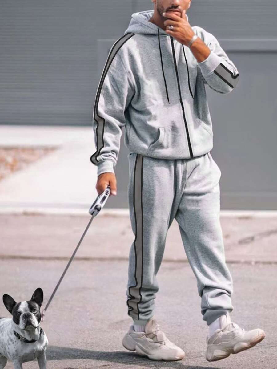 Manfinity Campus Court Bộ hai mảnh Nam Dây kéo Túi Sọc bên Khối Màu Sẵn sàng - Xám - Xem 1