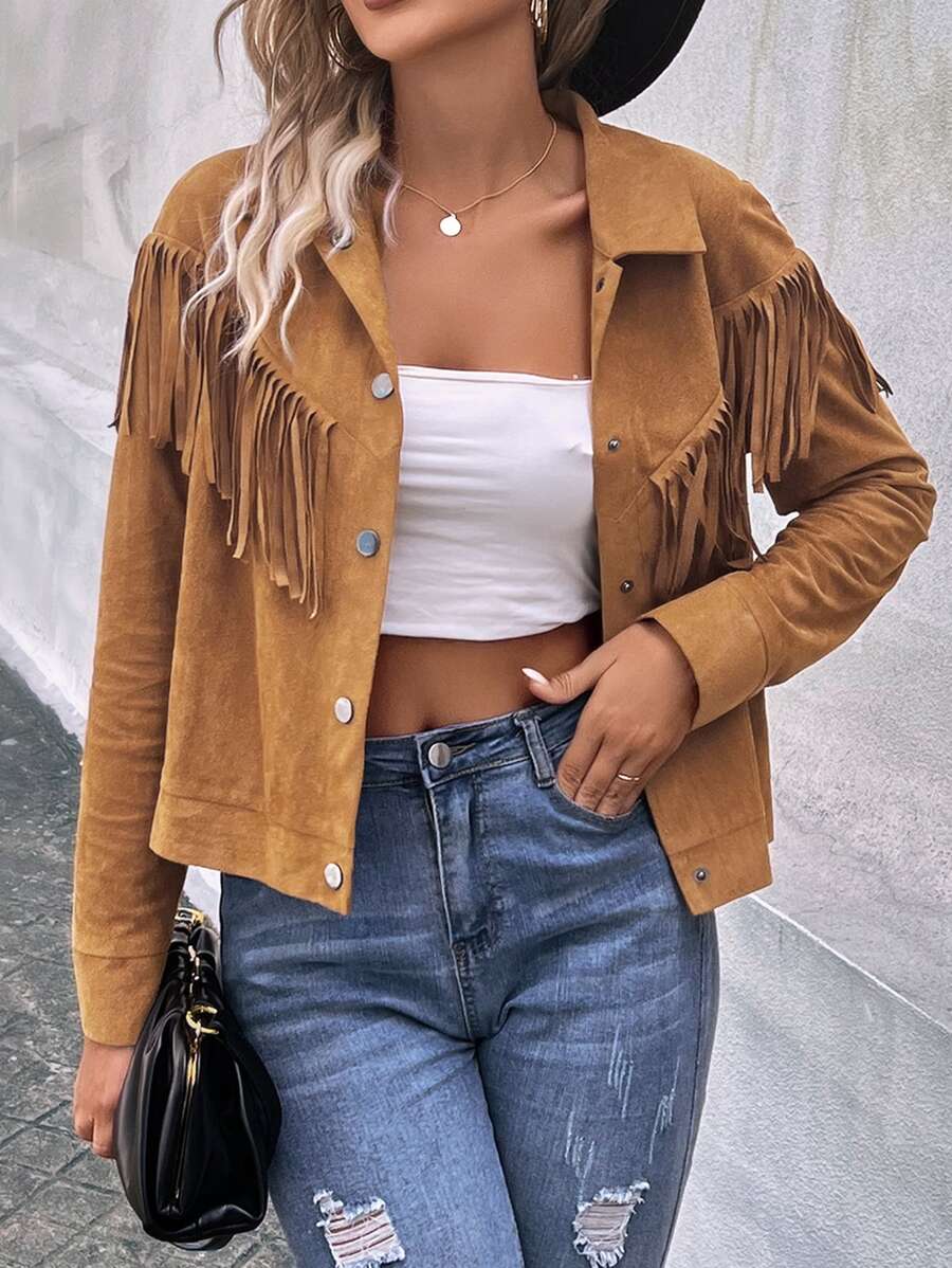 SHEIN VCAY Áo khoác nữ mép Nút phía trước màu trơn Giải trí - màu nâu - Xem 1