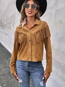 SHEIN VCAY Fringe Trim Faux Suede Jacket - Brown - View 4