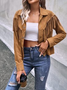 SHEIN VCAY Fringe Trim Faux Suede Jacket - Brown - View 5