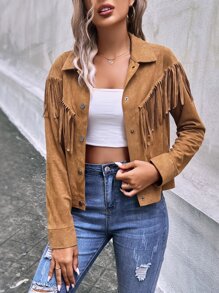 SHEIN VCAY Fringe Trim Faux Suede Jacket - Brown - View 6