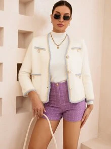 SHEIN Privé Contrast Trim Pocket Patched Cardigan - White - View 1