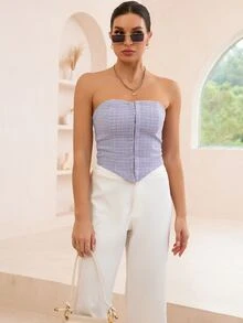 SHEIN Unity Plaid Bandana Hem Tweed Tube Top - Lilac Purple - View 3