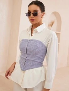 SHEIN Unity Plaid Bandana Hem Tweed Tube Top - Lilac Purple - View 5