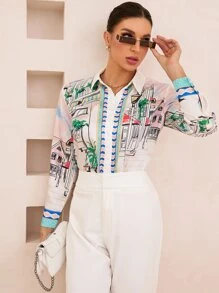 GENKIRA 街景印花纽扣衬衫优雅商务休闲女士纽扣衬衫女士 - 彩色 - 查看 5