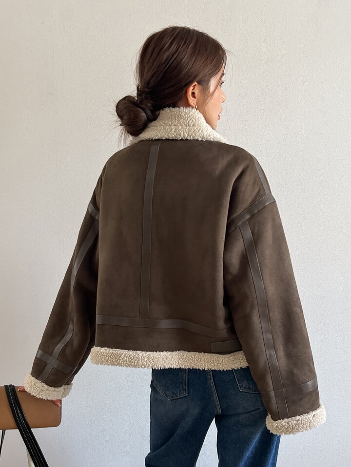 SHEIN EZwear ジッパーアップ ドロップショルダー テディライン フー SHEIN EZwear ジッパーアップ ドロップショルダー テディライン フー