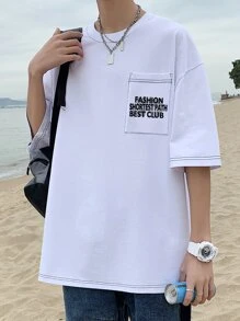 男士標語圖案口袋貼布T恤 - 白色 - 查看 3