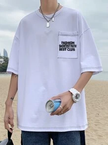 男士標語圖案口袋貼布T恤 - 白色 - 查看 4