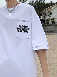 男士標語圖案口袋貼布T恤 - 白色 - 查看 5